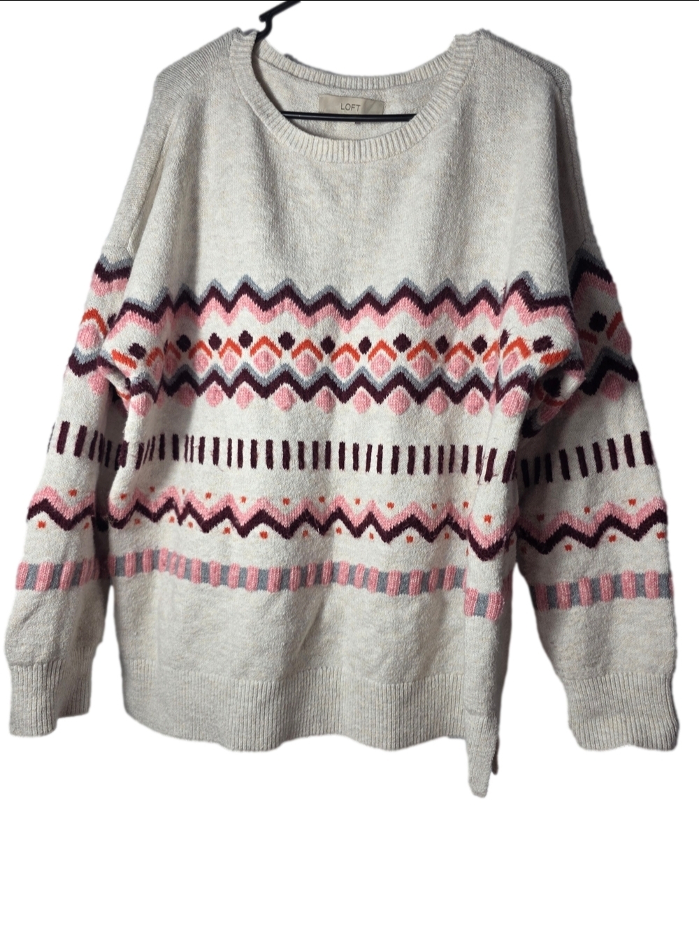 LOFT Cream Fair Isle Crewneck Sweater with Pink and Burgundy Pattern XL